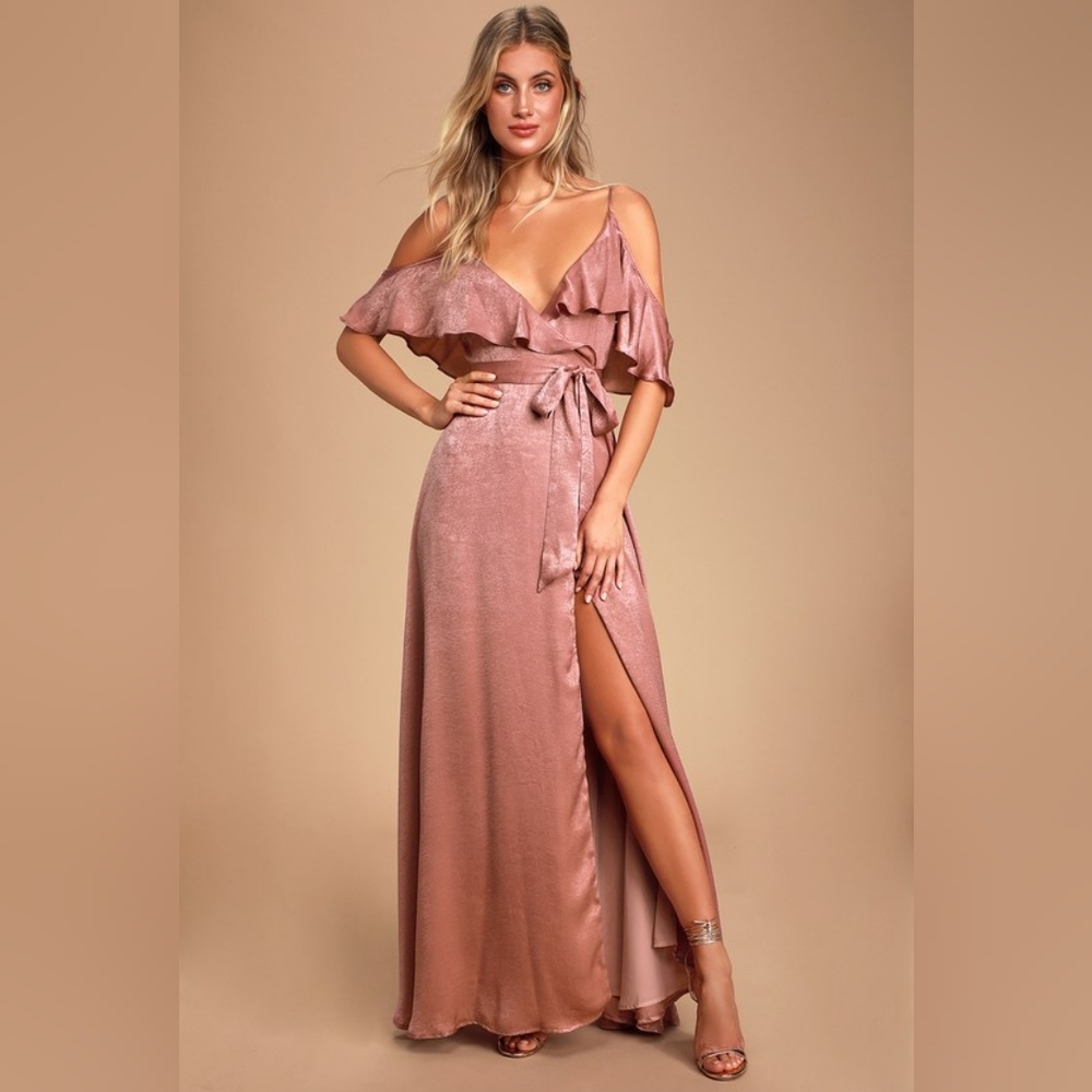 Lulu's • Moriah Rose Satin Cold-Shoulder Wrap Maxi Dress